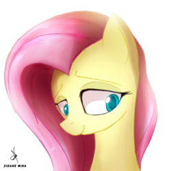 Size: 720x720 | Tagged: safe, artist:zidanemina, fluttershy, pony, g4, bust, female, lidded eyes, looking away, looking down, portrait, quickie, simple background, smiling, solo, white background