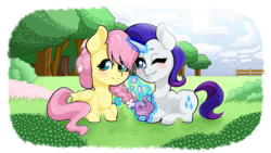 Size: 2048x1152 | Tagged: safe, artist:seishinann, fluttershy, rarity, pegasus, pony, unicorn, g4, braid, female, flower, flower in hair, glowing horn, horn, lesbian, magic, mare, outdoors, prone, ship:flarity, shipping, simple background, smiling, telekinesis, transparent background, tree
