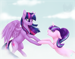 Size: 2180x1707 | Tagged: safe, artist:doekitty, starlight glimmer, twilight sparkle, alicorn, pony, unicorn, g4, the cutie re-mark, cloud, crying, duo, ear fluff, female, floppy ears, looking at each other, mare, one eye closed, open mouth, sky, smiling, twilight sparkle (alicorn), wink
