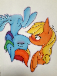 Size: 2508x3344 | Tagged: safe, artist:zikosia, applejack, rainbow dash, earth pony, pegasus, pony, g4, brush, duo, female, flying, high res, kiss on the lips, kissing, lesbian, love, mare, ship:appledash, shipping, surprise kiss, surprised, traditional art, upside down, upside down kiss, wings