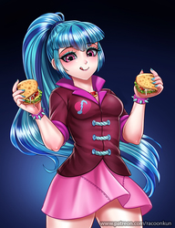 Size: 800x1042 | Tagged: safe, artist:racoonsan, sonata dusk, human, equestria girls, g4, bracelet, breasts, clothes, cute, female, food, human coloration, jewelry, licking, licking lips, nail polish, ponytail, skirt, smiling, solo, sonatabetes, sonataco, spiked wristband, taco, that girl sure loves tacos, that siren sure does love tacos, tongue out, wristband