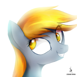 Size: 720x720 | Tagged: safe, artist:zidanemina, derpy hooves, pony, g4, female, golden hair, gray coat, simple background, smiling, solo, white background, yellow eyes