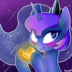 Size: 2000x2000 | Tagged: safe, artist:rosefluffdraws, princess luna, alicorn, pony, g4, blushing, cute, eating, female, food, heart eyes, high res, lunabetes, mare, mid-autumn festival, mooncake, solo, wingding eyes