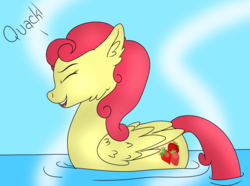 Size: 996x741 | Tagged: safe, artist:monsoonvisionz, strawberry sunrise, pegasus, pony, g4, behaving like a bird, behaving like a duck, eyes closed, female, mare, open mouth, pegaduck, quack, solo, swimming, water, ych result
