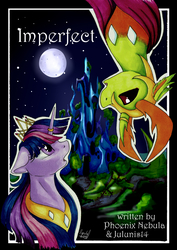 Size: 2893x4092 | Tagged: safe, artist:julunis14, thorax, twilight sparkle, alicorn, changedling, changeling, pony, fanfic:imperfect, g4, antlers, armor, bust, changeling hive, cover art, crown, fanfic, fanfic art, fanfic cover, female, floppy ears, grass, helmet, hole, horn, horn ring, insect wings, king thorax, looking at each other, male, moon, open mouth, peytral, regalia, shipping, signature, straight, text, twilight sparkle (alicorn), twirax