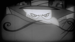 Size: 1280x720 | Tagged: safe, screencap, gustave le grande, griffon, g4, mmmystery on the friendship express, season 2, cape, clothes, dastardly whiplash, film grain, grayscale, male, monochrome, solo
