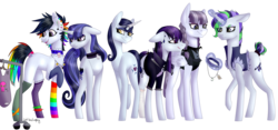 Size: 1824x850 | Tagged: safe, artist:sychia, inky rose, moonlight raven, oc, oc:gothic note, oc:midnight dew (ice1517), oc:pop candy (ice1517), oc:york ink, earth pony, pegasus, pony, unicorn, icey-verse, g4, anklet, choker, christmas, christmas stocking, clothes, clothes hanger, commission, ear piercing, earring, eyeshadow, family, female, goth, holiday, jacket, jewelry, leather jacket, lesbian, magical lesbian spawn, makeup, mare, mismatched socks, mother and daughter, necklace, next generation, offspring, parent:inky rose, parent:moonlight raven, parents:inkyraven, piercing, price tag, rainbow socks, ship:inkyraven, shipping, shopping, simple background, socks, spiked choker, spiked wristband, striped socks, tail wrap, tank top, transparent background, wristband