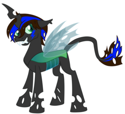 Size: 1024x928 | Tagged: safe, artist:showtimeandcoal, oc, oc only, oc:zeo hooves, changeling, colt, commission, digital art, fangs, long legs, male, simple background, solo, stallion, tail, tall, transparent background, vector