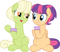 Size: 9886x8526 | Tagged: safe, artist:jhayarr23, artist:shootingstarsentry, edit, idw, vector edit, aunt holiday, auntie lofty, earth pony, pegasus, pony, g4, absurd resolution, alternate design, cup, cute, ear piercing, earring, eyeshadow, female, idw showified, jewelry, lesbian, makeup, not granny smith, piercing, ship:lofty day, shipping, simple background, smiling, teacup, transparent background, vector