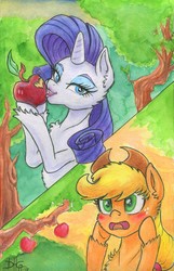 Size: 1298x2012 | Tagged: safe, artist:invalid-david, applejack, rarity, earth pony, pony, unicorn, g4, apple, apple tree, bedroom eyes, blushing, colored pencil drawing, cute, duo, duo female, female, food, jackabetes, lesbian, mare, ship:rarijack, shipping, traditional art, tree, watercolor painting