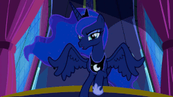 Size: 1200x675 | Tagged: safe, edit, edited screencap, editor:childofthenight, screencap, princess luna, alicorn, pony, do princesses dream of magic sheep, g4, animated, bedroom, close-up, female, gif, hoof shoes, looking at you, mare, reversed, solo, spread wings, talking, wings