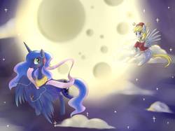 Size: 1199x898 | Tagged: safe, artist:t0zona, derpy hooves, princess luna, alicorn, pegasus, pony, g4, clothes, cloud, duo, female, flying, hat, jewelry, mare, moon, night