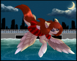 Size: 5000x4000 | Tagged: safe, artist:red_moonwolf, oc, oc only, oc:amber chestnut, pegasus, pony, absurd resolution, city, cityscape, clothes, flying, glasses, moon, scarf, solo, water