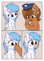 Size: 2464x3376 | Tagged: safe, artist:zippysqrl, oc, oc only, oc:sign, oc:starburn, pegasus, pony, unicorn, ..., boop, chest fluff, comic, cute, female, freckles, hoof hold, hypocritical humor, mare, notepad, ocbetes, police, police hat, police officer, question mark, ticket