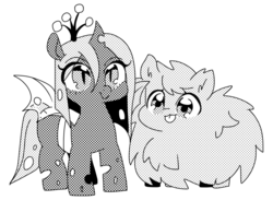 Size: 820x600 | Tagged: safe, artist:kkotnim, queen chrysalis, oc, oc:fluffle puff, changeling, changeling queen, earth pony, pony, g4, :p, duo, grayscale, halftone, manga, monochrome, silly, simple background, tongue out, white background