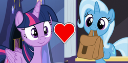 Size: 1206x600 | Tagged: safe, edit, edited screencap, screencap, trixie, twilight sparkle, alicorn, pony, g4, to where and back again, disguise, disguised changeling, fake twilight, female, heart, lesbian, saddle bag, ship:twixie, shipping, shipping domino, to saddlebags and back again, twilight sparkle (alicorn)