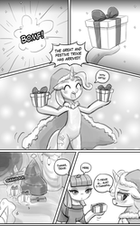 Size: 675x1090 | Tagged: safe, artist:lumineko, maud pie, trixie, earth pony, pony, unicorn, comic:homesick pt.2, g4, blushing, clothes, comic, cutie mark, dialogue, female, mare, open mouth, present, speech bubble