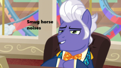 Size: 1280x720 | Tagged: safe, edit, edited screencap, screencap, gladmane, pony, g4, season 6, viva las pegasus, chair, descriptive noise, horse noises, hotel, male, necktie, office, punchable, roller coaster, smug, smug son of a bitch, solo, text, window