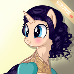 Size: 3000x3000 | Tagged: safe, artist:aldobronyjdc, oc, oc only, oc:melody verve, pony, unicorn, blue eyes, blushing, clothes, curly hair, cute, female, happy, high res, mare, simple background, sitting, smiling, solo