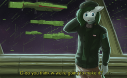 Size: 4639x2856 | Tagged: safe, artist:the-minuscule-task, oc, oc only, oc:trivial pursuit, anthro, anime, commission, legend of the galactic heroes, parody, solo, space, spaceship, subtitles, uniform