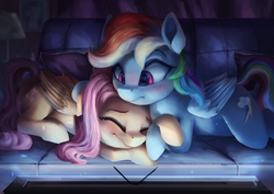 Size: 3600x2550 | Tagged: safe, artist:vanillaghosties, fluttershy, rainbow dash, pegasus, pony, g4, backwards cutie mark, blushing, comforting, couch, crying, cute, dashabetes, duo, eyes closed, female, high res, indoors, lamp, mare, movie, pillow, prone, scared, scary movie, shyabetes, television