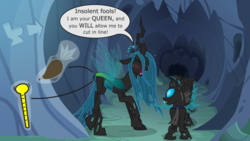 Size: 10667x6000 | Tagged: safe, artist:ithinkitsdivine, queen chrysalis, changeling, g4, absurd resolution, bathroom line, bladder gauge, blushing, changeling hive, crossed legs, desperation, dialogue, frosting, icing bag, need to pee, need to poop, omorashi, potty dance, potty emergency, potty time, queue, show accurate, squirming, sweat, toilet, trotting in place
