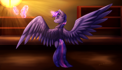 Size: 2200x1270 | Tagged: safe, artist:masteroshawott, twilight sparkle, alicorn, pony, g4, female, large wings, levitation, magic, solo, telekinesis, twilight sparkle (alicorn), wings