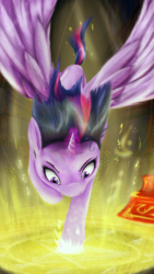Size: 720x1280 | Tagged: safe, artist:lowelf, twilight sparkle, alicorn, pony, g4, female, glowing horn, horn, landing, magic, mare, solo, spread wings, twilight sparkle (alicorn), wings