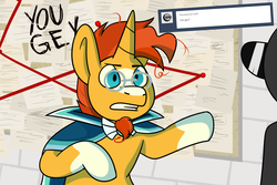 Size: 1800x1200 | Tagged: safe, artist:kazzmcsass, sunburst, oc, oc:anon, pony, unicorn, g4, ask, ask-wizard-sunburst, bipedal, corkboard, frown, gay, glasses, gritted teeth, it's always sunny in philadelphia, male, pepe silvia, solo focus, stallion, sunglasses, tumblr, tumblr blog, ur gay