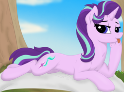 Size: 1390x1040 | Tagged: safe, alternate version, artist:soctavia, starlight glimmer, pony, unicorn, g4, :p, bedroom eyes, blanket, female, looking at you, lying down, mare, picnic, silly, solo, tongue out