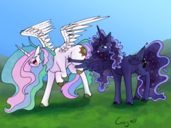 Size: 1280x956 | Tagged: safe, artist:greyscaleart, princess celestia, princess luna, alicorn, pony, g4, :p, colored, cute, eyes closed, female, freckles, greyscaleart is trying to murder us, laughing, mare, royal sisters, silluna, silly, smiling, tickling, tongue out