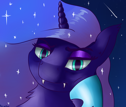 Size: 1980x1680 | Tagged: safe, artist:dukevonkessel, nightmare moon, alicorn, pony, g4, bored, bust, ethereal mane, eyeshadow, fangs, female, looking at you, makeup, mare, night, portrait, solo, stars