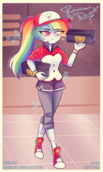 Size: 1028x1726 | Tagged: safe, artist:cinyanmon, rainbow dash, eqg summertime shorts, equestria girls, g4, good vibes, baseball cap, cap, clothes, converse, female, hat, shoebox, shoes, shorts, smiling, sneakers, socks, solo, watermark, wristband