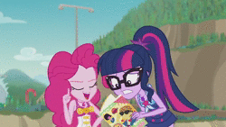 Size: 1280x720 | Tagged: safe, screencap, feather bangs, pinkie pie, sci-twi, twilight sparkle, equestria girls, equestria girls series, friendship math, g4, animated, clothes, duo, duo female, female, geode of telekinesis, magazine, one-piece swimsuit, ponytail, sound, swimsuit, webm