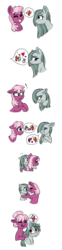 Size: 574x2326 | Tagged: safe, artist:saphi-boo, cheerilee, marble pie, earth pony, pony, g4, alternate hairstyle, blushing, cheeribetes, couple, cute, daaaaaaaaaaaw, female, hair bun, hug, lesbian, marbilee, marblebetes, pictogram, sequence, shipping, simple background, speech bubble, thought bubble, transparent background