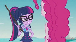 Size: 1280x720 | Tagged: safe, screencap, pinkie pie, sci-twi, twilight sparkle, equestria girls, equestria girls series, friendship math, g4, animated, clothes, duo, duo female, female, geode of telekinesis, glasses, one-piece swimsuit, sound, stick, swimsuit, webm