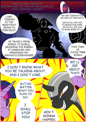 Size: 750x1066 | Tagged: safe, artist:somberjade, twilight sparkle, oc, oc:fallenlight, alicorn, pony, comic:curse and madness, g4, armor, disembodied torso, evil smile, fangs, female, galaxy, grin, helmet, mare, mlpcam, open mouth, planet, smiling, stars, universe