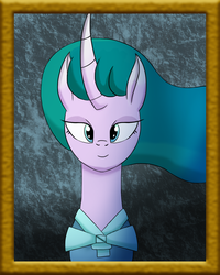 Size: 1200x1500 | Tagged: safe, artist:egstudios93, mistmane, pony, g4, bust, clothes, curved horn, female, horn, portrait, shirt, solo