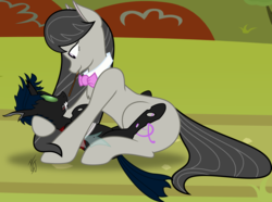 Size: 3000x2230 | Tagged: safe, artist:mlp-scribbles, octavia melody, oc, oc:flik, changeling, pony, g4, canon x oc, duo, food, high res, holding, imminent kissing, looking at each other, male, pocky, pocky game, side view, signature, size difference, smaller male, surprised, vector
