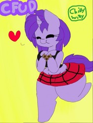 Size: 385x512 | Tagged: safe, artist:chillywilly, oc, oc only, oc:seafood dinner, unicorn, anthro, anthro oc, art trade, chubby, clothes, cookie, cute, eating, food, heart, legs, midriff, miniskirt, moe, ocbetes, plaid skirt, simple background, skirt, solo, tank top, thighs, yellow background