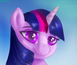 Size: 1980x1680 | Tagged: safe, artist:kelkessel, twilight sparkle, g4, bust, female, horn, looking at you, mare, portrait, sky, smiling