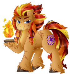 Size: 1024x1089 | Tagged: safe, artist:sk-ree, oc, oc only, earth pony, pony, fire, male, scar, simple background, solo, stallion, transparent background, unshorn fetlocks