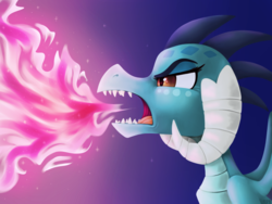 Size: 1024x768 | Tagged: safe, artist:spindlespice, princess ember, dragon, g4, dragoness, female, fire, fire breath, gradient background, open mouth, pink fire, solo