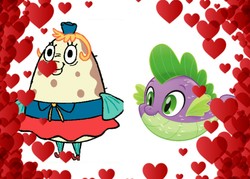 Size: 1269x907 | Tagged: safe, spike, puffer fish, g4, my little pony: the movie, age difference, crack shipping, crossover, crossover shipping, female, male, mrs. puff, shipping, species swap, spike the pufferfish, spongebob squarepants, spuff, straight, wat