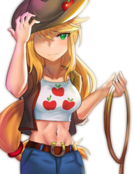 Size: 800x1040 | Tagged: safe, artist:tzc, applejack, human, g4, abs, belly button, cutie mark clothing, female, freckles, humanized, lasso, looking at you, midriff, rope, simple background, smiling, solo, white background