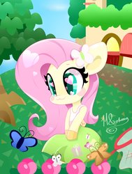 Size: 3092x4096 | Tagged: safe, artist:sohmasatori, fluttershy, butterfly, pegasus, semi-anthro, g4, :3, animal crossing, bipedal, blush sticker, blushing, chibi, clothes, cottagecore, crossover, cute, equestria girls outfit, female, heart, heart eyes, mare, nintendo, shyabetes, skirt, smiling, solo, tree, wingding eyes