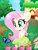 Size: 3092x4096 | Tagged: safe, artist:sohmasatori, fluttershy, butterfly, pegasus, semi-anthro, g4, :3, animal crossing, bipedal, blush sticker, blushing, chibi, clothes, cottagecore, crossover, cute, equestria girls outfit, female, heart, heart eyes, mare, nintendo, shyabetes, skirt, smiling, solo, tree, wingding eyes