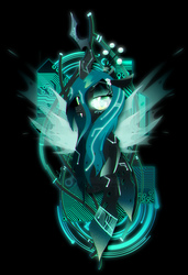 Size: 1000x1458 | Tagged: safe, artist:ii-art, queen chrysalis, changeling, changeling queen, g4, black background, circuit board, cool, crown, cyberpunk, electronic, female, jewelry, regalia, simple background, smiling, solo, synthwave, transparent wings