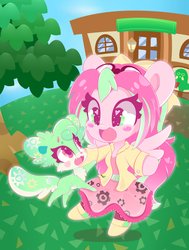 Size: 3092x4096 | Tagged: safe, artist:sohmasatori, oc, oc only, oc:gadget, oc:precious metal, pegasus, pony, animal crossing, bipedal, clothes, commission, cute, duo, female, heart eyes, mare, smiling, wingding eyes