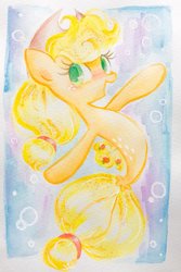 Size: 682x1024 | Tagged: safe, artist:_ichi_ni_san_, applejack, earth pony, pony, seapony (g4), g4, applejack's hat, cowboy hat, female, hat, looking at you, mare, seaponified, seapony applejack, simple background, solo, species swap, underwater, watercolor painting